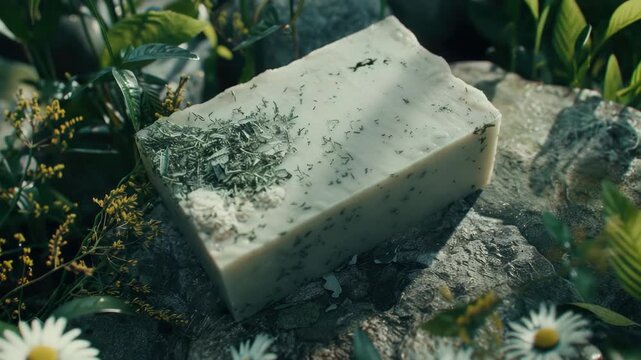 A square piece of blue cheese sits atop a rough textured gray rock surrounded by wild flowers. The cheese is speckled with small green herbs adding to its rustic appeal.