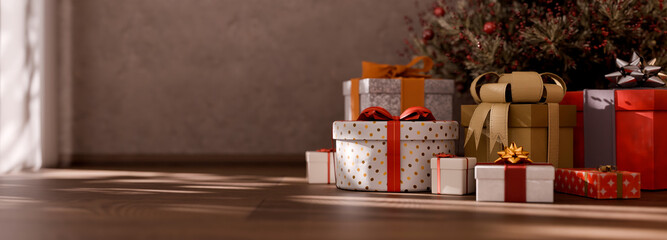 Christmas gifts under the xmas tree at the morning. Beautiful boxes on floor in living room. High resolution 3D rendering with copy space.