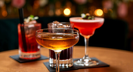 Colorful assortment of cocktails elegantly arranged on a wooden table, showcasing various glassware styles and garnishes, creating a vibrant and inviting atmosphere for social gatherings
