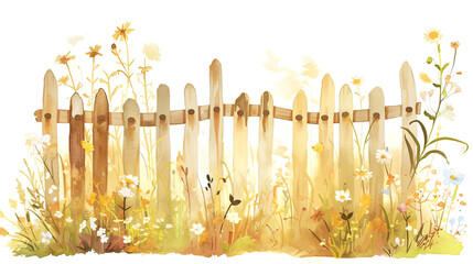 Watercolor illustration of a rustic wooden fence surrounded by vibrant wildflowers, creating a serene garden atmosphere with a touch of nature's beauty and tranquility