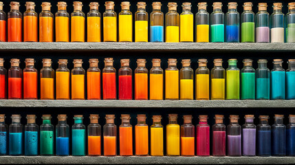 Colorful glass bottles filled with vibrant paints arranged neatly on wooden shelves, showcasing a spectrum of hues and textures in a creative workspace environment