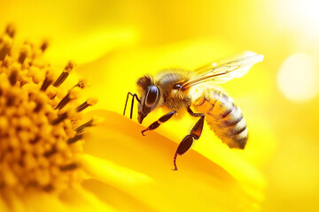Honey Bee Collecting Pollen On Bright Yellow Sunflower Close Up