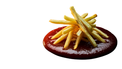 Isolated on a white background, these crispy golden fried potato chips serve as a delicious fast food snack or unhealthy meal side of French fries served with a side of tomato ketchup