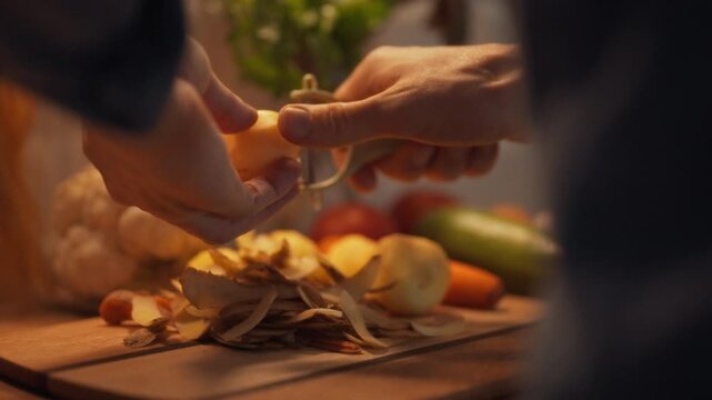 A man skillfully uses a sharp vegetable peeler tool to remove shavings from raw potatoes, beside eggplant and cauliflower, with precision and care, utilizing the blade for effortless peeling