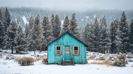 Vibrant turquoise cabin nestled in a snowy landscape, surrounded by tall evergreen trees, creating a serene winter atmosphere with a peaceful ambiance and natural beauty