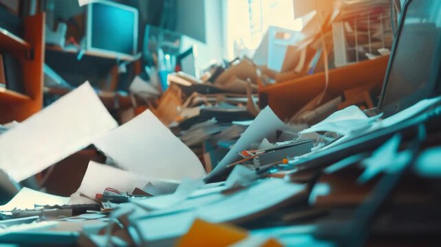 This depicts a messy office space with papers scattered across the floor and desk area. The office appears disorganized and unkempt.