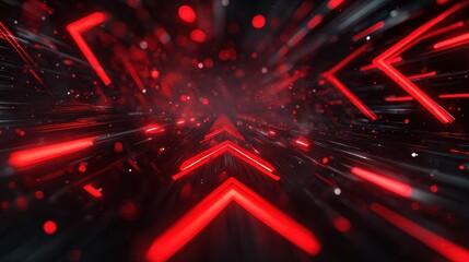 A dynamic, abstract composition features converging red geometric shapes that resemble arrows and lines, against a dark, blurred backdrop