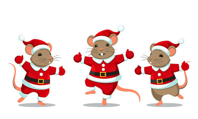 Cute cartoon mice in Santa costumes dancing happily. Festive Christmas animal illustration isolated on white background, perfect for holiday cards, kids designs, prints, stickers and seasonal graphics