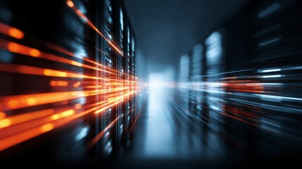 A dynamic, blurred perspective of server racks in a data center, with illuminated streams. The environment is dark with a luminous effect