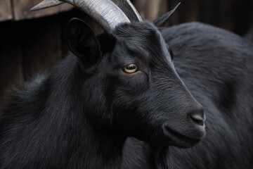 Fototapeta premium Close-up of majestic black goat with curved horns