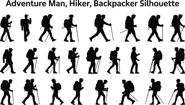 Adventure man hiker backpacker silhouettes set trekking walking outdoor travel camping exploration vector illustration isolated on white background