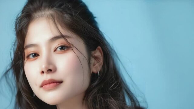 A poised and beautiful young woman of East Asian descent gazing with intensity. Her eyes are accentuated by a subtle cat eye effect, adding to her alluring gaze.