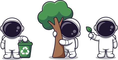 Cute astronaut eco characters set recycling planting trees environmental protection cartoon vector illustration isolated on white background © Sharon 
