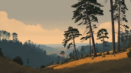 Pixel Art Landscape Featuring Evergreen Trees and Golden Fields Under a Pale Yellow Sky Creating a Serene and Retro Aesthetic with Distant Villages
