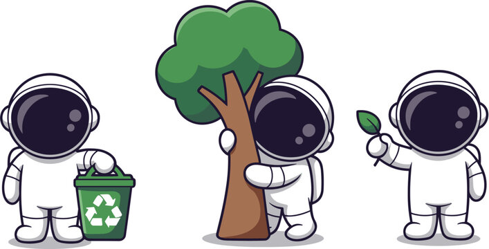 Cute astronaut eco characters set recycling planting trees environmental protection cartoon vector illustration isolated on white background