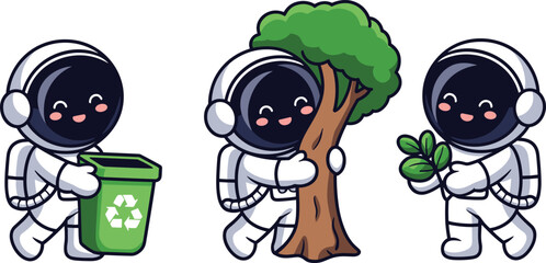 Cute eco astronaut cartoon set recycling waste planting trees green sustainability character vector illustration isolated on white background © Sharon 