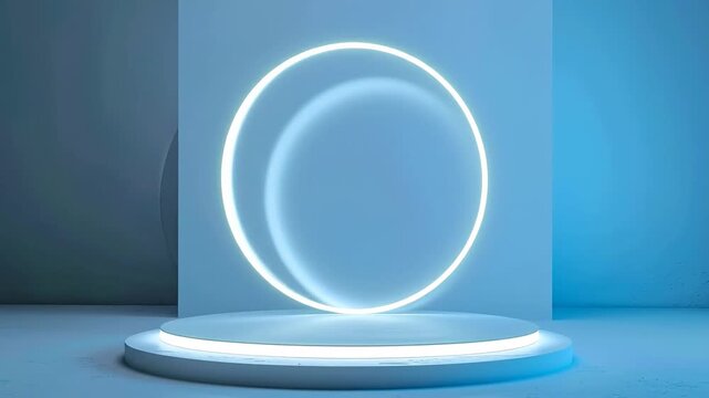 Futuristic glowing circular display podium with neon rings.