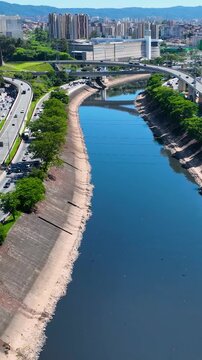 Traffic Road At Marginal Tiete Sao Paulo Brazil. Breathtaking Aerial View Of Busy Traffic In A Freeway Road. Town Sky Clouds Backgrounds Urban. Town Outdoor Panoramic City. Marginal Tiete Sao Paulo.
