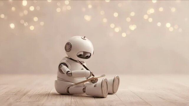 Cute robot learning to write or draw with a pen and paper while sitting on a wooden floor, embodying artificial intelligence and education