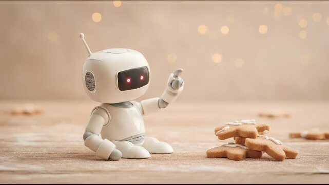 Little robot lying down, then sitting, and finally reaching for Christmas cookies on a wooden table. New year sweets concept.
