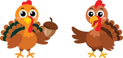 Cute Thanksgiving turkey cartoon characters illustration with acorn autumn harvest theme festive holiday vector design © Sharon Creatives