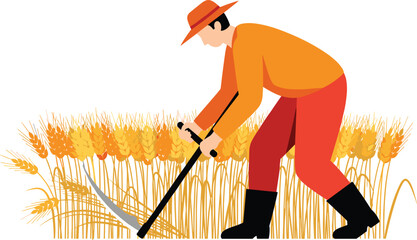 Farmer harvesting ripe wheat field using traditional sickle, rural agriculture illustration, seasonal crop cutting, sustainable farming concept, flat vector style artwork for countryside economy