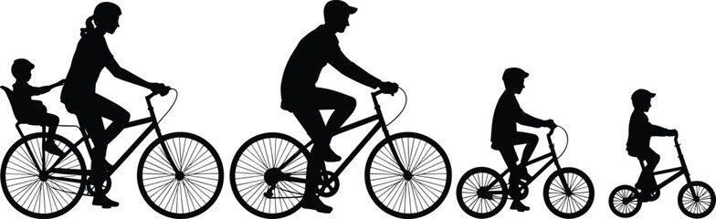 Obraz premium Family cycling silhouettes set showing parents and children riding bicycles together outdoor activity vector illustration isolated on white background