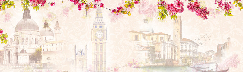 Artistic travel collage of European landmarks like Big Ben and Venice framed by pink spring flowers © MonTeArt