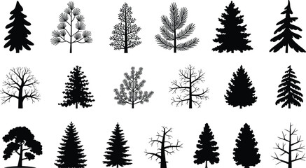 Obraz premium Forest tree silhouettes collection with pine fir and deciduous trees black vector illustration set isolated on white background