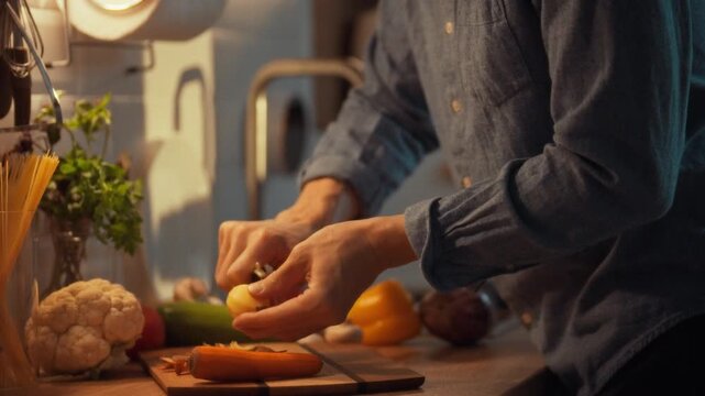 A man's skilled hands utilize a vegetable peeler to strip fresh potatoes, surrounded by vibrant eggplant and cauliflower, in a kitchen setting, preparing ingredients for a nutritious meal