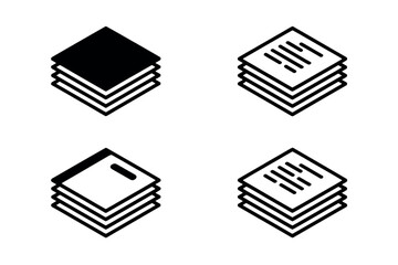 Stacks of paper icons set, various document styles, black and white illustrations