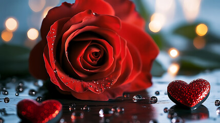 Red rose flower with water drops and two glitter hearts on wet surface with bokeh lights, romantic valentine day night love concept

