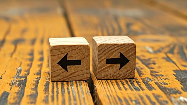 Wooden blocks with left and right arrows showing opposite directions on rustic table.