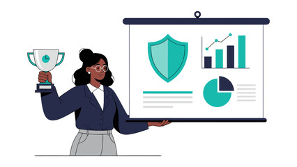 Businesswoman holds trophy, presenting data security and financial growth illustration.