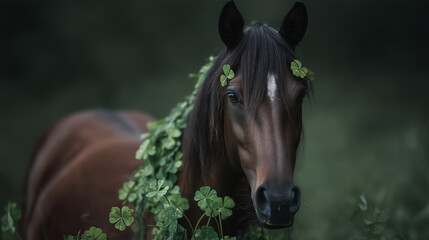 Horse with Clover for St Patrick&rsquo;s Day Farm Themed Holiday Concept