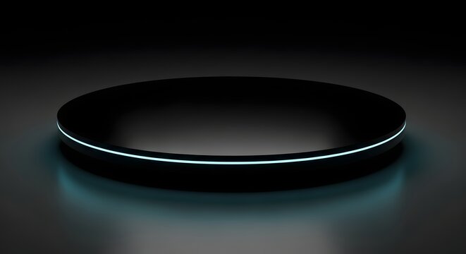 A sleek circular black platform with a subtle glowing blue ring around its edge presented in a dark studio setting