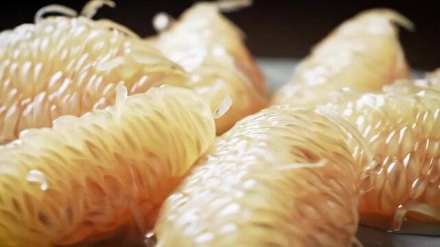Close-up of fresh, juicy pomelo fruit segments in soft lighting.