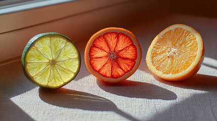 Backlit citrus fruit halves of lime grapefruit and orange in a row casting long shadows from window sunlight, fresh healthy food concept

