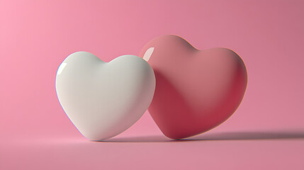 Two 3D hearts in pink and white colors resting on pastel surface with soft shadow, minimal romantic couple and togetherness concept for valentine

