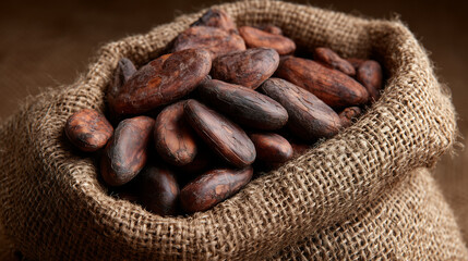 Cacao Beans in Burlap Bag, Natural Ingredient Concept