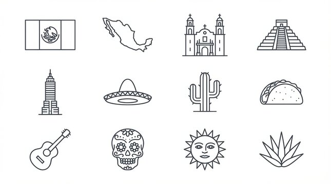 thin-line mexico icon set including national flag simplified map shape skyline landmarks and cultural symbols consistent line style