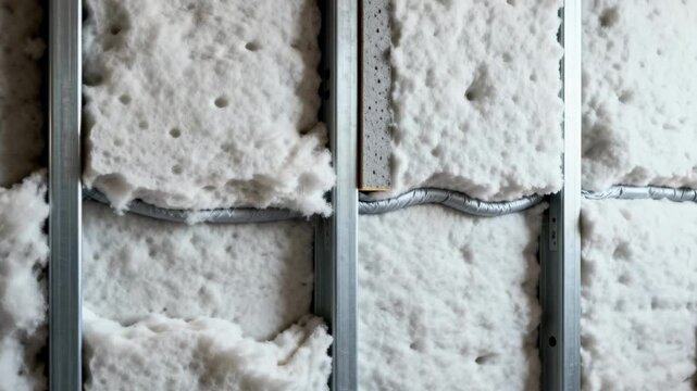 Focused medium shot of foam insulation expanding inside wall stud frames highlighting the advanced materials airsealing and thermal performance properties.