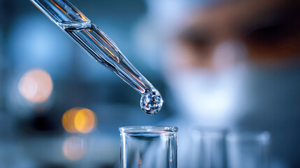 Scientist conducting precise liquid transfer with a glass dropper into a test tube in a modern laboratory environment with a focused researcher in the background