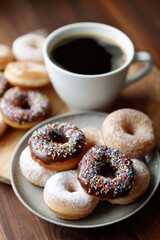 Chocolate and sugar donuts with coffee on wooden table