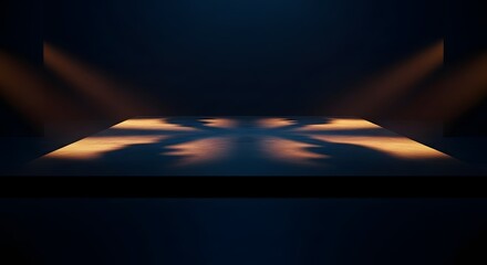 An abstract composition featuring illuminated stage lighting with a reflective surface creating dynamic shadows and a dramatic atmosphere high quality professional