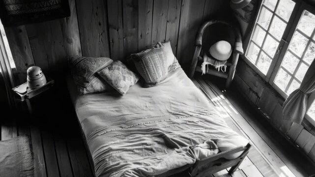 This depicts a cozy, vintage-style bedroom with rustic charm. The room features wooden walls and flooring that evoke a sense of warmth and homeliness. A comfortable bed is dressed in soft bedding