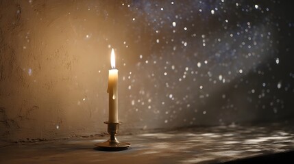 A lit candle in a brass candlestick casts a warm glow with melting wax and sparkling light effects against a dark textured background