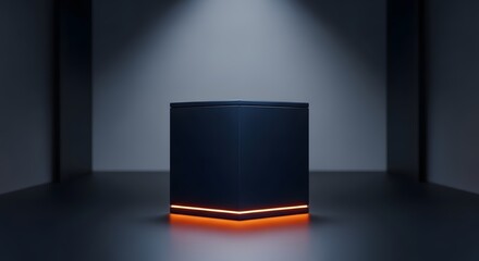 a sleek dark rectangular device stands illuminated on a reflective surface highlighted by a radiant orange glow emanating from its base in a minimalist setting