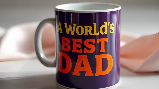 Purple coffee mug displaying "A World's Best Dad" text on table  