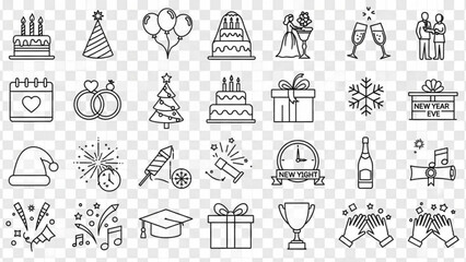 Collection of black line icons depicting various celebrations and gifts including birthday, wedding, new year's eve, graduation, and holiday symbols on transparent